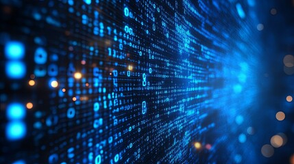 Wall Mural - abstract blue and black digital background with binary code and bokeh lights
