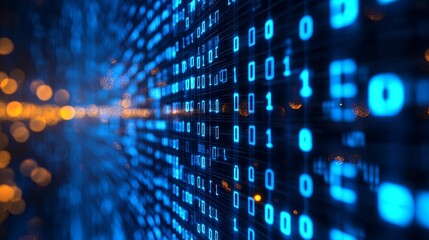 Abstract Digital Data Wall with Glowing Blue Binary Code and Blurred Lights