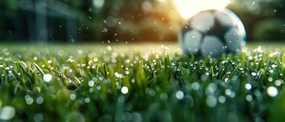 Wall Mural - Tranquil Morning on the Soccer Field - Peaceful Atmosphere at Sunrise with Soccer Ball and Freshly Mown Grass