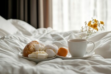 Breakfast In Bed. Hotel Linen Bedding with Breakfast Decor and Cup of Coffee