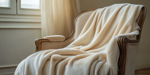 Poster - A white blanket draped over a wooden armchair.