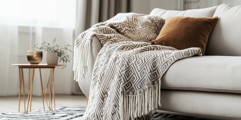 Poster - A patterned throw draped over a sofa with a brown