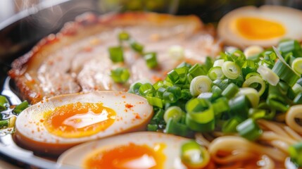 Delicious bowl of ramen with soft boiled eggs, green onions, and tender pork slices on a dark background