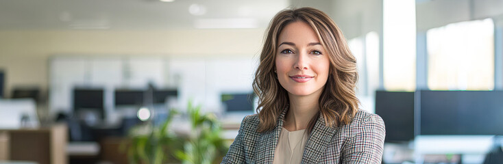 Wall Mural - A woman is standing in front of a plant and smiling