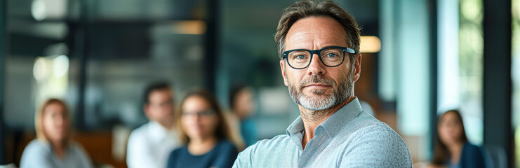 Wall Mural - A man in a business suit stands in front of a group of people