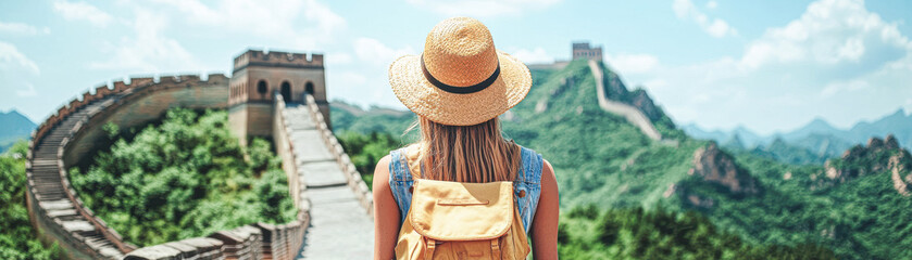 Wall Mural - A woman wearing a straw hat stands in front of the Great Wall of China