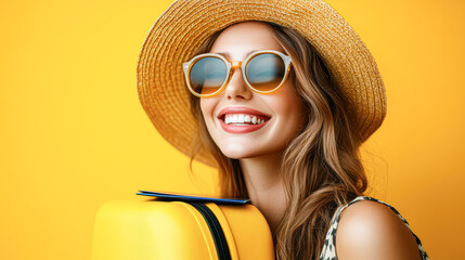 Sticker - A woman wearing a yellow hat and sunglasses is smiling