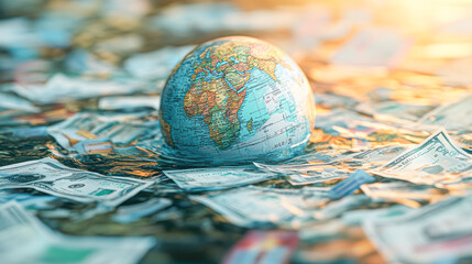 Canvas Print - A globe is floating on top of a pile of money