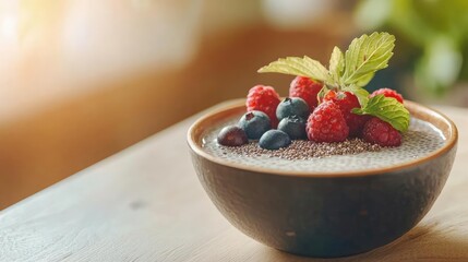 Delicious bowl of chia seed pudding topped with fresh raspberries, blueberries, and mint leaves, perfect for healthy eating.