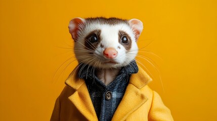 Wall Mural - stylish ferret in business casual attire against vibrant plain backdrop