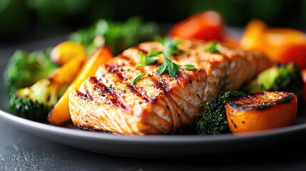 Grilled salmon fillet served with vibrant vegetables, showcasing a healthy and delicious meal on a modern plate.