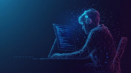 Computer technology low poly wireframe banner vector template. Software development, freelance poster polygonal design with text space. Person working with desktop PC 3d mesh art with connected dots