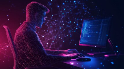 Computer technology low poly wireframe banner vector template. Software development, freelance poster polygonal design with text space. Person working with desktop PC 3d mesh art with connected dots