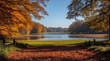 A tranquil autumn day with vibrant foliage and a clear blue sky, capturing the fresh and invigorating atmosphere of the season.