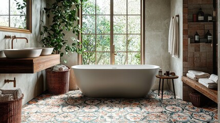 Poster - This cozy bathroom features a freestanding bathtub positioned near large windows that let in natural light. A stylish vanity and lush greenery enhance the relaxing atmosphere