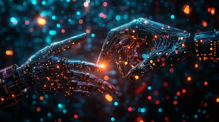 Wall Mural - two glowing robotic hands reaching towards each other