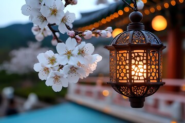 Blossoms, evening light, glowing softly create a warm and inviting atmosphere as day turns to night