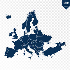 Wall Mural - Transparent - High Detailed Blue Map of Europe. Vector eps10.	
