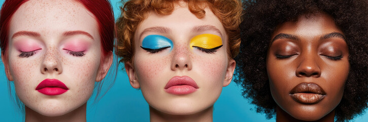 Poster - three different women with their eyes closed, each wearing colorful makeup on one eye and no make-up or natural color eyeshadow on the other eyelid