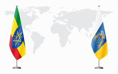 Ethiopia and Canary Islands flags for official meeting against background of world map.