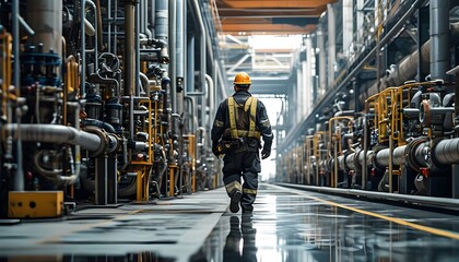 Wall Mural - Solitary worker navigating the expansive industrial plant amidst complex machinery and towering piping, showcasing the scale of industrial operations