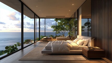 Poster - A contemporary bedroom overlooks the ocean, bathed in warm sunset light. The space features elegant furnishings and large windows showcasing serene greenery