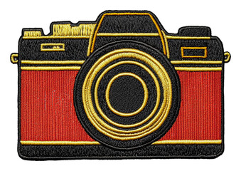 Colorful embroidered camera design on fabric, cut out - stock png.