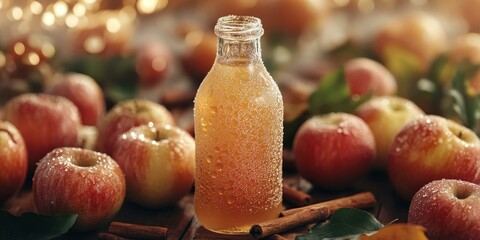 Sticker - Apple cider bottle surrounded by apples and cinnamon sticks.