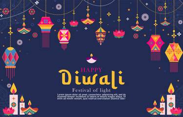 Wall Mural - Happy Diwali Hindu festival horizontal banner, greeting card, cover