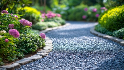 Poster - Stone Path Through a Garden with Pink Flowers