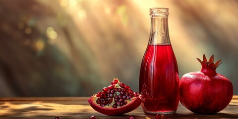 Canvas Print - Pomegranate juice, fruit, seeds, bottle, wood table.