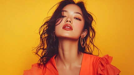 A confident young asian female fashion model posing with stylish clothes against a vibrant yellow studio background