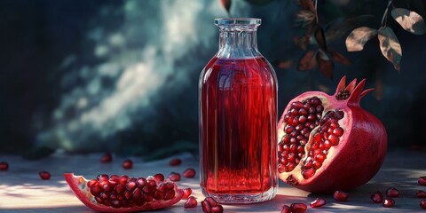 Canvas Print - A glass bottle of pomegranate juice and a pomegranate.