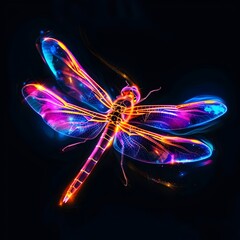 Wall Mural - radiant neon dragonfly soaring in ethereal black backdrop