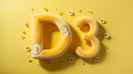 Vitamin D3 supplement. 3D illustration of D3 symbol on yellow sunny background with flowers. Taking vitamin supplements