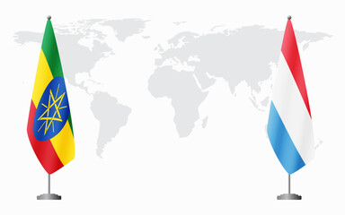 Wall Mural - Ethiopia and Luxembourg flags for official meeting against background of world map.