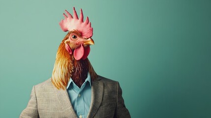 Wall Mural - surreal chicken in business casual attire with plain background and studio lighting