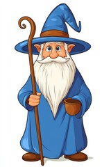 Cartoon Wizard: Old Male Wizard in Pointed Hat Casting Magic Spell