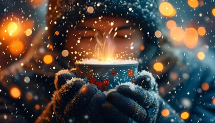 Festive winter scene with a cozy person enjoying a warm beverage, surrounded by sparkling lights and gentle falling snowflakes