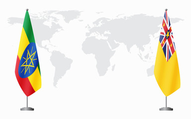 Wall Mural - Ethiopia and Niue flags for official meeting against background of world map.