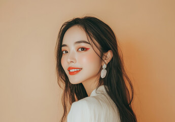 A young woman with long hair, fair skin, and delicate makeup stands in front of the camera wearing white , white earrings on her ears, against a beige background.