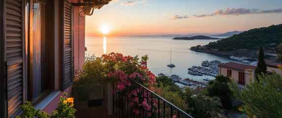 Poster - Balcony View of Sunset Over Mediterranean Bay