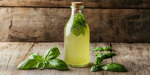 Wall Mural - Glass bottle of green liquid with basil on wood.