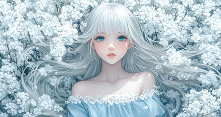 Wall Mural - An anime-style illustration of a young woman with long white hair and blue eyes, wearing an off-the-shoulder dress.