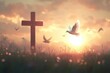 © SKIMP Art - The cross of Jesus Christ, rising sun and flying doves in the background with copy space for text, Easter theme, background design with empty area for decoration Generative AI