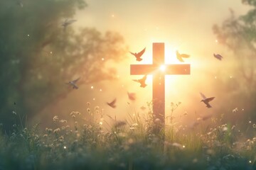 A cross with the sun shining behind it, birds flying in front of and around it, a background of a grassy field, ethereal light effects, a feeling of peace and hope, an Easter theme Generative AI