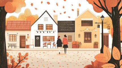 Wall Mural - Cozy Autumn Town - Warm Neighborhood Scene with Falling Leaves