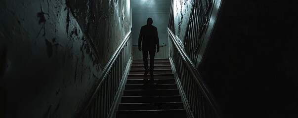 Man climbs a dimly lit staircase in a deserted building