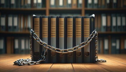 Tension of Security and Privacy in a Dimly Lit Room with Chained Folders Overflowing with Documents