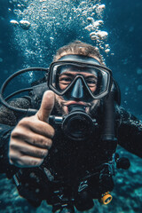 Wall Mural - Diver in deep sea with thumbs up gesture